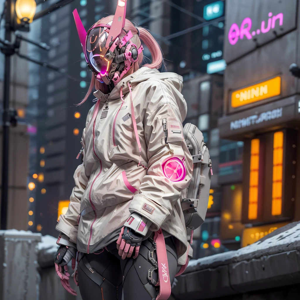 1girll, helmet, Hood, Solo, White_Spacesuit, Extra-long_Hair, bangs, Jacket, The upper part of the body_Body, Pink_Hair, Blurry, Coat, Grey_Eyes, Mask, Blurry_Background, Backpack, zippers, Mouth_Mask, Covered_Mouth, Urban tech clothing, Outfit,lowerbody,Fair long legs,Unequal cyber leggings,with light glowing,zippers,Mechanical booties,Full body shot from head to hips。