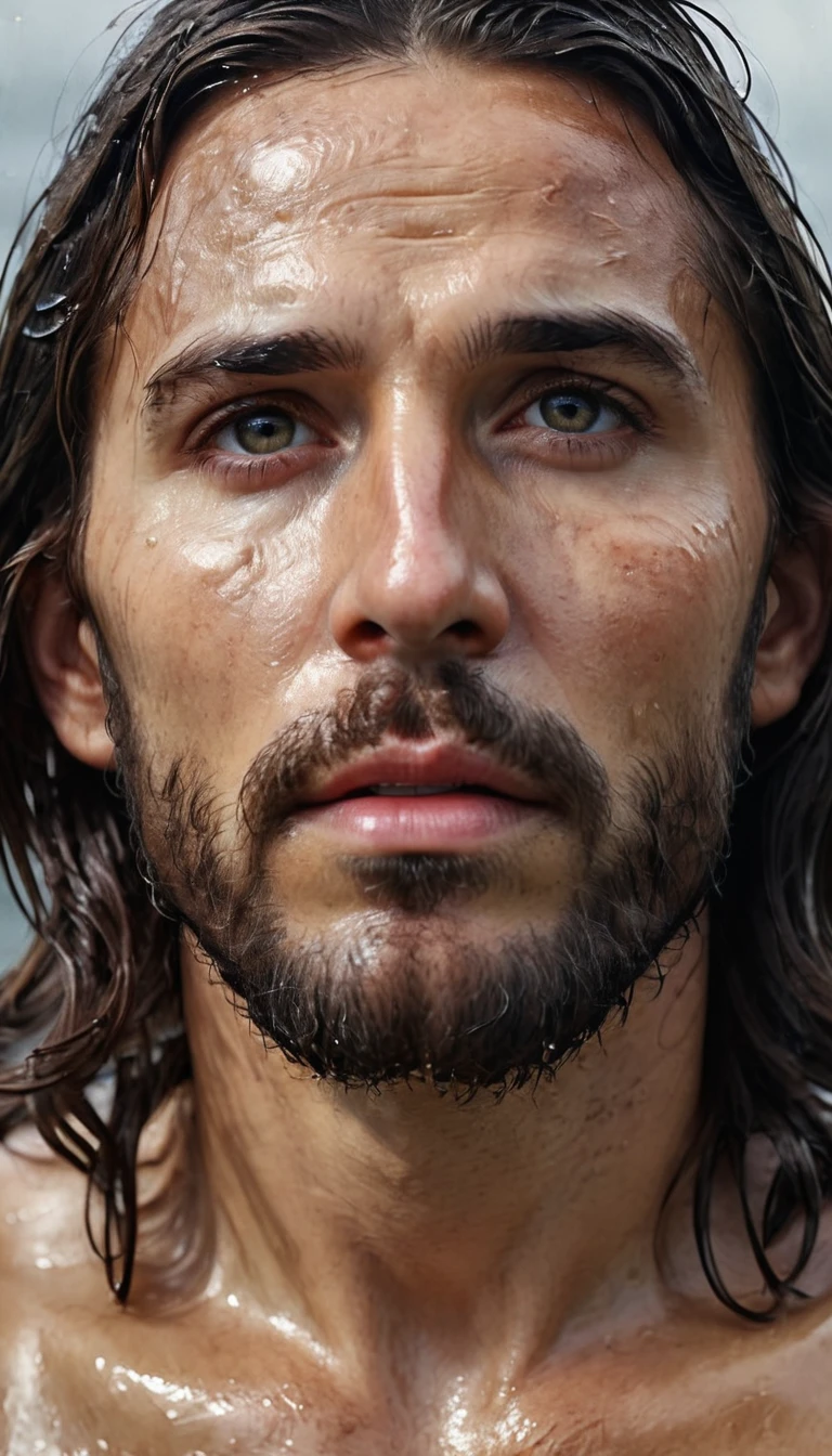 Jesus Christ IS LOOKING UP, wet face, wet hair, image focused on his face, camera is focusing on his face, 8k ultra realistic image, The style is a realistic photograph using a 50mm lens in 8k and applying contrast --ar 1920:1080 --v 5.2