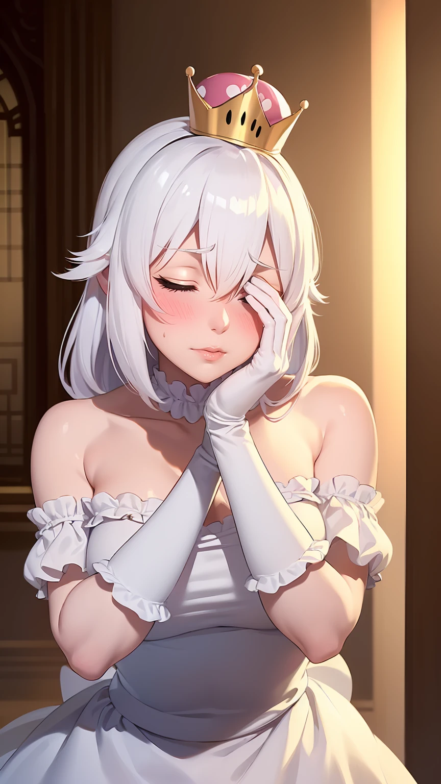 ((masterpiece)), ((best quality)), (detailed), perfect, solo, boosette, gorgeous girl, luscious lips, white hair, (((very shy))), (((blushing))), (((hands on face))), in a haunted mansion, (((covering eyes))), (((off shoulders)))