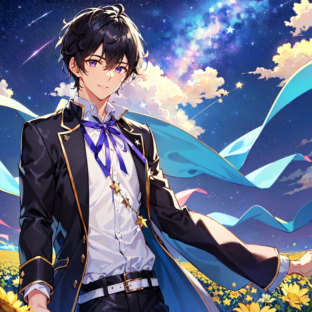 masterpiece,best quality,high quality,(1male austere handsome solo adult age 30 years old:1.5), purple eyes, cool with suspended eyes, V-shaped eyebrows, body strong and fearless 8.5 head tall, height 185cm, (well-groomed black short hair down to neck:1.4), (bangs 7 thirds parted:1.4), slender nose, facial muscles, throat, (pants with star print summer fashion:1.3), (running), (stylish pose), (fearless smile:1.3), (background southern star flower field:1.3), (starry sky:1.3), (upper body:1.3)