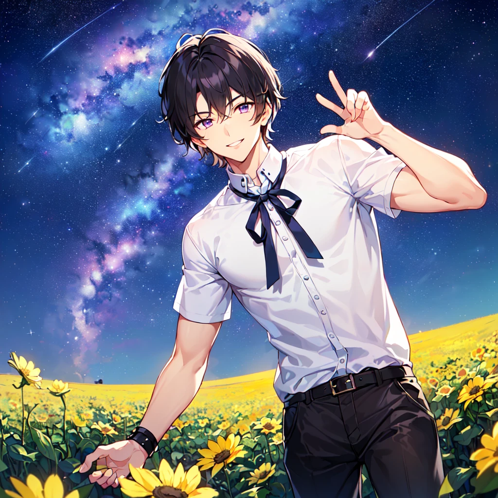 masterpiece,best quality,high quality,(1male austere handsome solo adult age 30 years old:1.5), purple eyes, cool with suspended eyes, V-shaped eyebrows, body strong and fearless 8.5 head tall, height 185cm, (well-groomed black short hair down to neck:1.4), (bangs 7 thirds parted:1.4), slender nose, facial muscles, throat, (pants with star print summer fashion:1.3), (running), (stylish pose), (fearless smile:1.3), (background southern star flower field:1.3), (starry sky:1.3), (upper body:1.3)