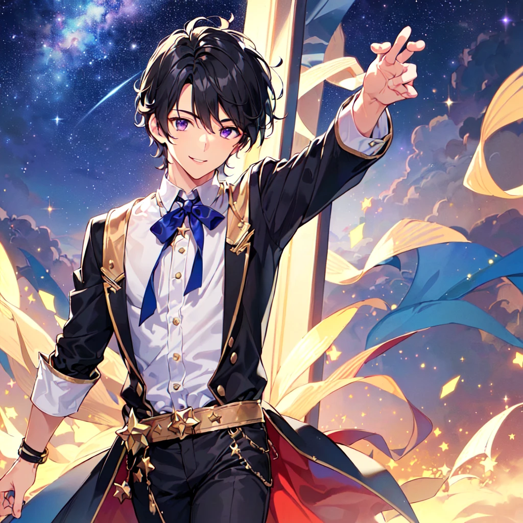 masterpiece,best quality,high quality,(1male austere handsome solo adult age 30 years old:1.5), purple eyes, cool with suspended eyes, V-shaped eyebrows, body strong and fearless 8.5 head tall, height 185cm, (well-groomed black short hair down to neck:1.4), (bangs 7 thirds parted:1.4), slender nose, facial muscles, throat, (pants with star print summer fashion:1.3), (running), (stylish pose), (fearless smile:1.3), (background southern star flower field:1.3), (starry sky:1.3), (upper body:1.3)
