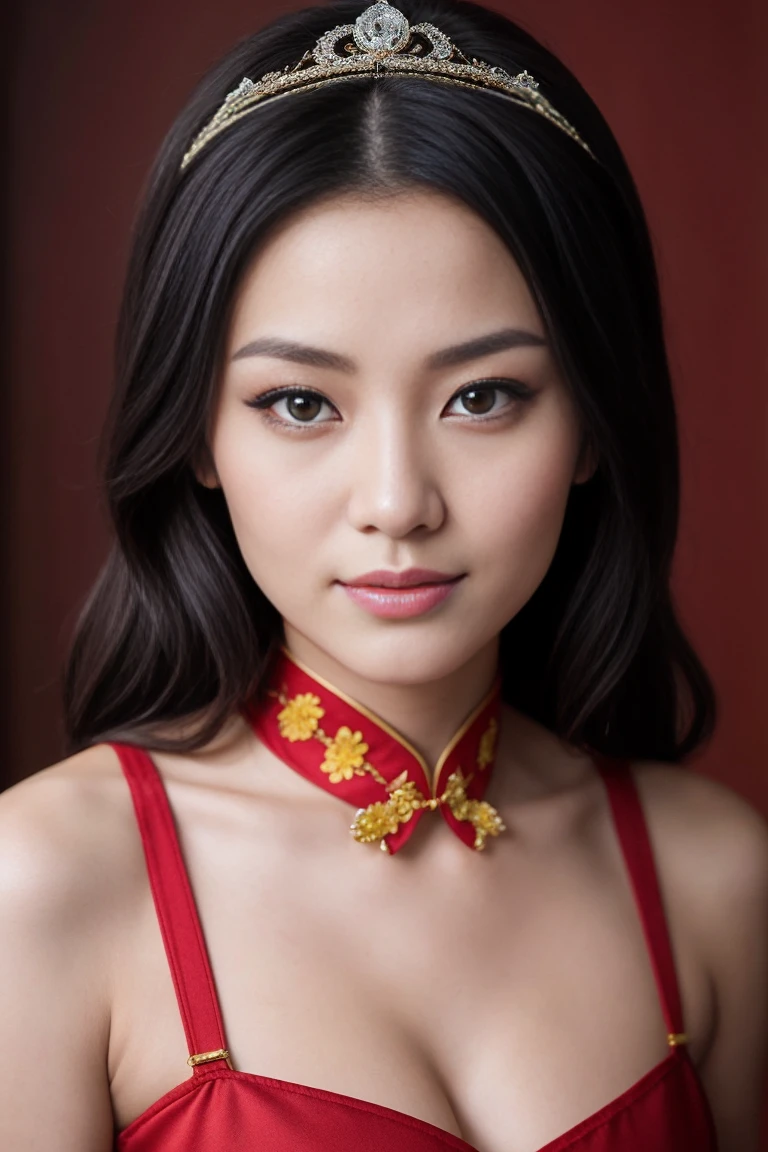 Il y a une femme dans un cheongsam, 27 ans, 28 ans, 29 ans, 32 ans, delicate makeup, Ye Wen, 23 ans, Visage rond, jolie liane, tiara'or, collier de perles, Jade Hairpin