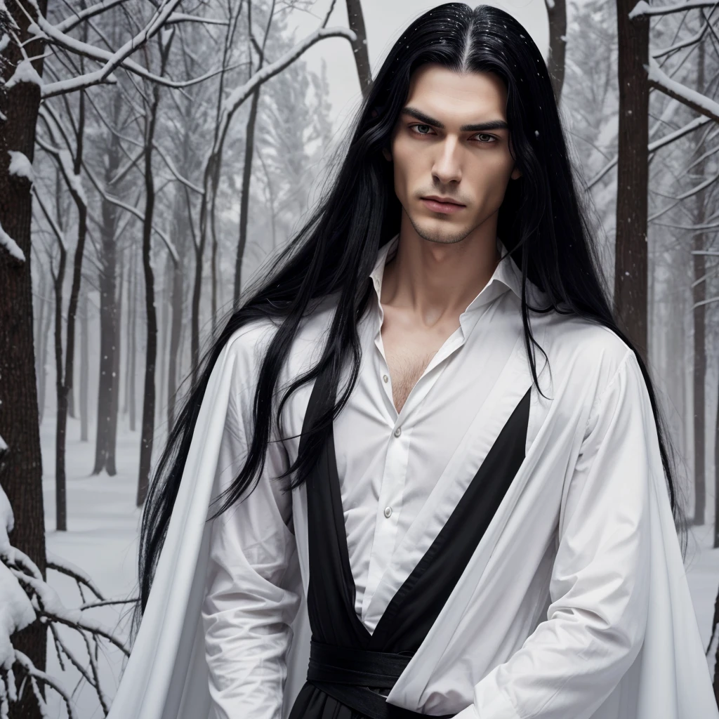 A young tall thin man with a handsome face with perfect thin features, long black hair, yellow eyes, beautiful black eyebrows, a vampire, a thoughtful expression on his face, in a snow-white shirt and a black cape, a dagger in his hand