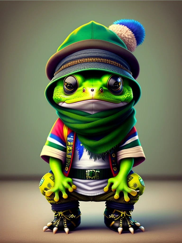 Image of a frog wearing a hat and scarf, trends in the art station, dressed in punk clothing, Ultra-realistic detail rendering, British gang member, Urban style, intimidating pose, Planet of Frogs, Fashion clothes, Urban Samurai, meow, West Slavic traits, 8 1 5