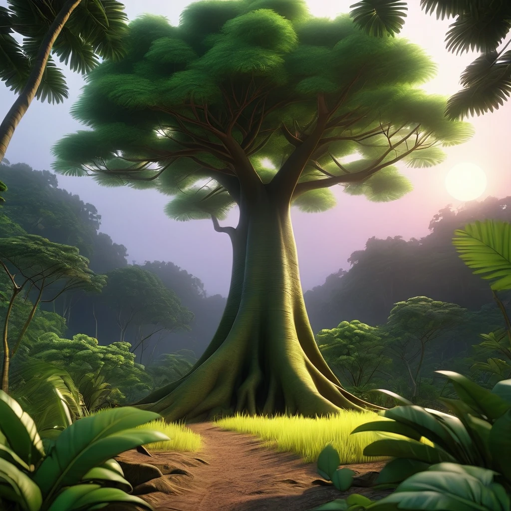 in a lush tropical forest, view from behind a tree, 3d render, photo realistic, 8k ultra hd, twilight atmosphere