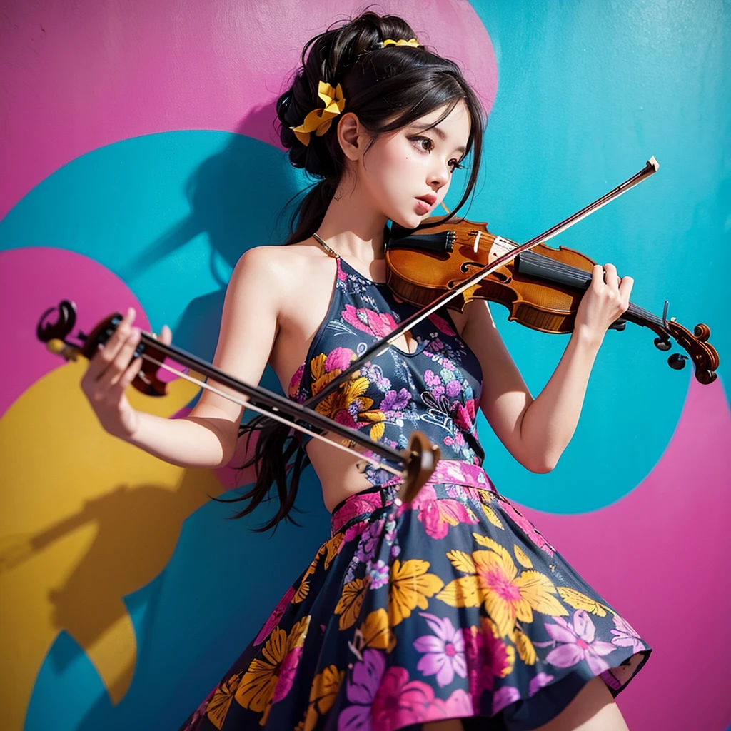 A beautiful girl playing the violin with a vibrant graffiti-covered wall in the background, creating a striking contrast between classical beauty and modern street art.