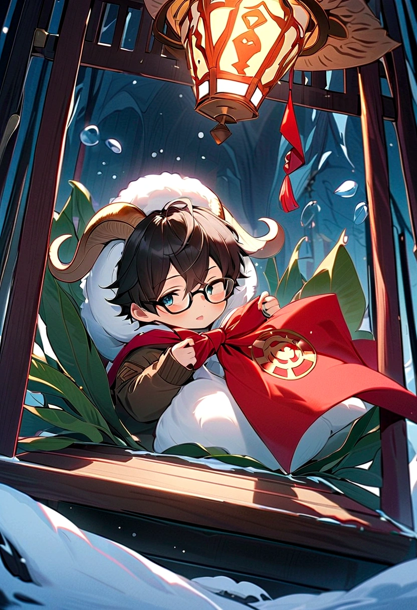 a boy with black glasses that have a drawing of a ram on the temples to which a seaweed and a red rag are tied, tiene una espada de esmeralda con unas runas de carnero talladas en la hoja y tiene un abrigo con el sombrero de Ashe cocido a la capucha de su abrigo, On the back of his coat is sewn a ram symbol from Braum's shield-gate and on his waist he has a strap from which hangs a lamp of pure ice in a cage which on some bars has red-yellow plastic imitating fire and other voids letting the light of pure ice come out perfectly, junto a el camina un lobito de nieve felizmente