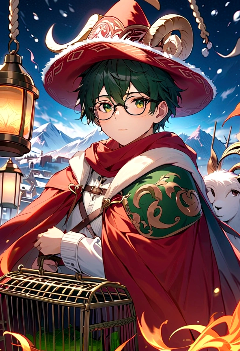 a boy with black glasses that have a drawing of a ram on the temples to which a seaweed and a red rag are tied, tiene una espada de esmeralda con unas runas de carnero talladas en la hoja y tiene un abrigo con el sombrero de Ashe cocido a la capucha de su abrigo, On the back of his coat is sewn a ram symbol from Braum's shield-gate and on his waist he has a strap from which hangs a lamp of pure ice in a cage which on some bars has red-yellow plastic imitating fire and other voids letting the light of pure ice come out perfectly, junto a el camina un lobito de nieve felizmente