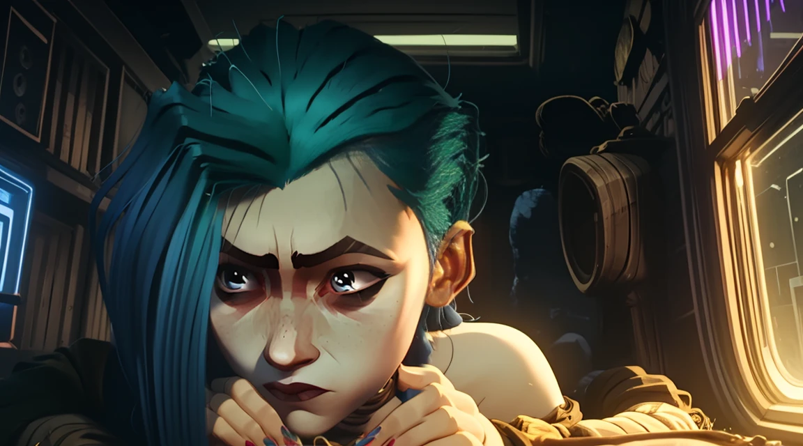 arcane, jinx, jinx outfit, sleeping inside a van at night, night lighting, cimenatic, rain on windows, sleeping, lying in van