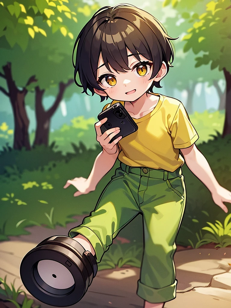 A little boy in a yellow shirt and green pants, el tiene un celular, is taking a photograph of the viewer, en un bosque