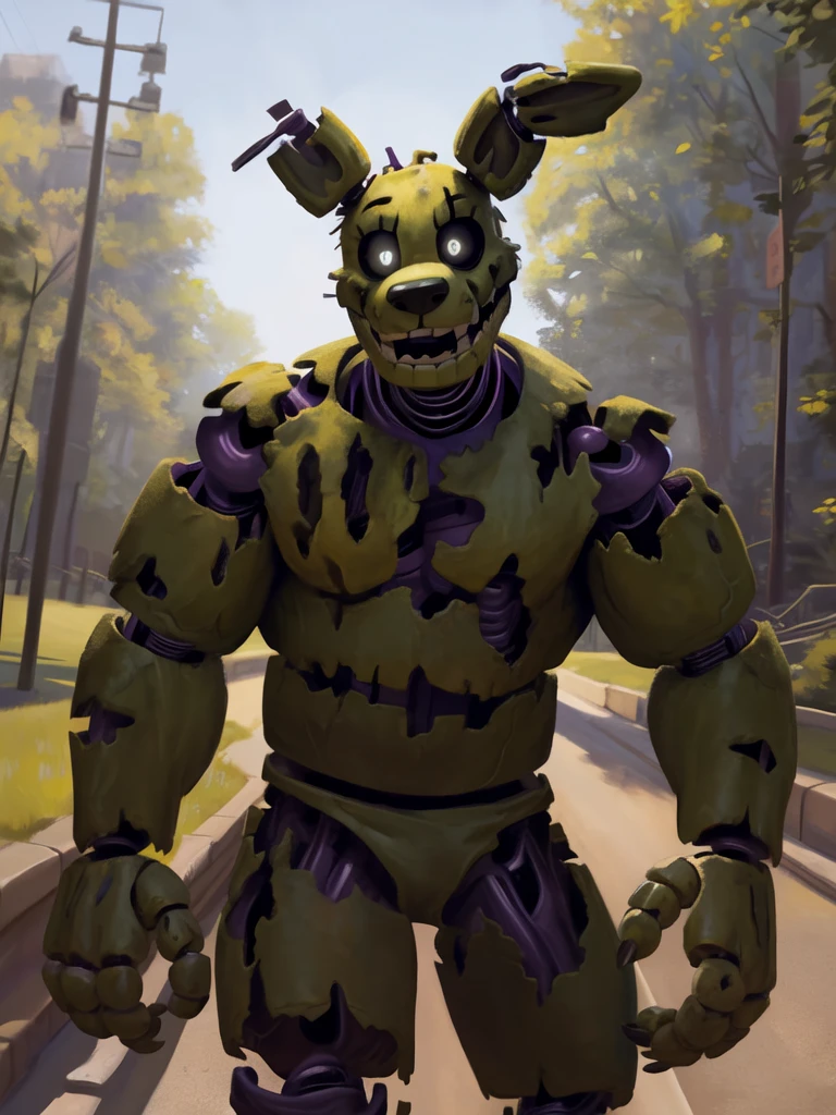 by chunie by catsudon by retros, ((springtrap, animatronic)), (full body), cow boy shot, bara, muscular, nude, male focus, teeth, looking at viewer, ((correct eyes, glowing, white eyes, black sclera)), (purple penis), masterpiece, muscle, muscles, muscular, muscular man, park, sity, (masterpiece, best quality:1.5), hi res, absurd res, 4k, hdr, detailed eyes, perfect anatomy, depth of field, UHD, high resolution, 32K, official art, masterful technique, [realistic proportions] 