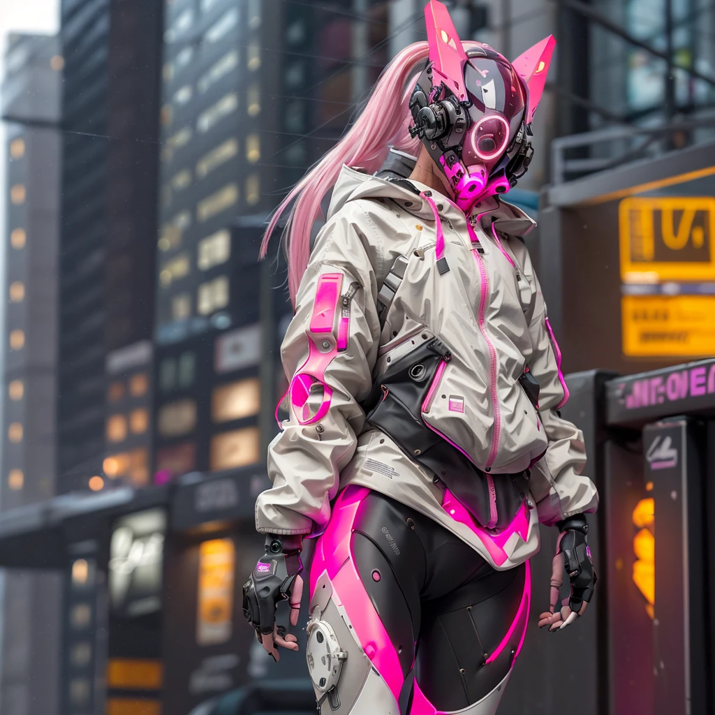 1girll, helmet, Hood, Solo, White_Spacesuit, Extra-long_Hair, bangs, Jacket, The upper part of the body_Body, Pink_Hair, Blurry, Coat, Grey_Eyes, Mask, Blurry_Background, Backpack, zippers, Mouth_Mask, Covered_Mouth, Urban tech clothing, Outfit,lowerbody,Fair long legs,Unequal cyber leggings,with light glowing,zippers,Mechanical booties,Full body shot from head to hips。