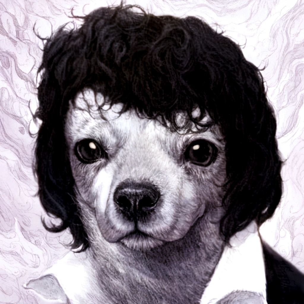 arafed dog with a black collar and a white shirt, morphing dog head, anthropomorphic dog, hideous appearance, alice cooper as a goat, god had dog chihuahua's head, petscop, dog head, he has no nose, cat dog hybrid, he has an elongated head shape, omg, human-animal hybrid, cursed images