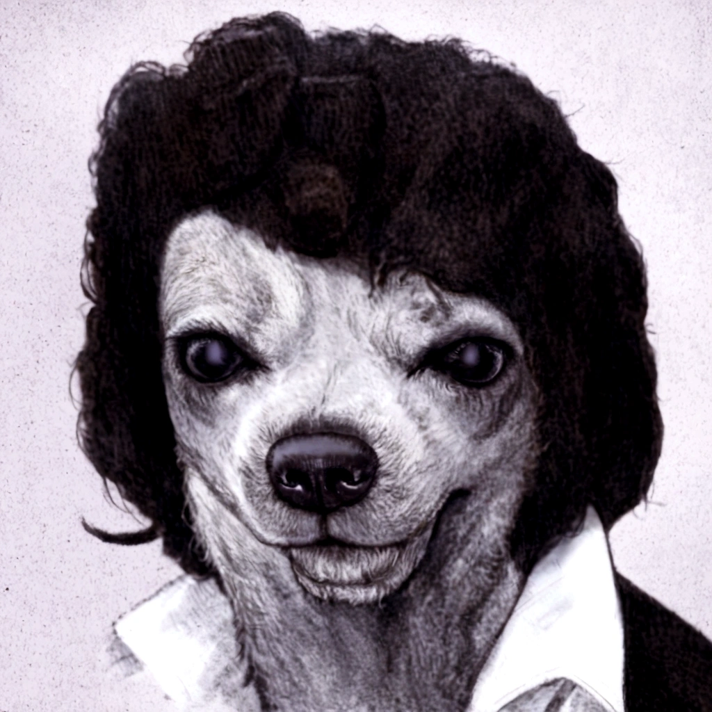 arafed dog with a black collar and a white shirt, morphing dog head, anthropomorphic dog, hideous appearance, alice cooper as a goat, god had dog chihuahua's head, petscop, dog head, he has no nose, cat dog hybrid, he has an elongated head shape, omg, human-animal hybrid, cursed images