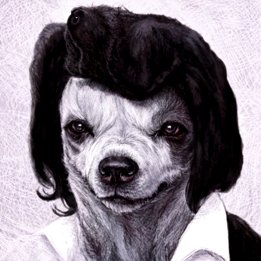 arafed dog with a black collar and a white shirt, morphing dog head, anthropomorphic dog, hideous appearance, alice cooper as a goat, god had dog chihuahua's head, petscop, dog head, he has no nose, cat dog hybrid, he has an elongated head shape, omg, human-animal hybrid, cursed images