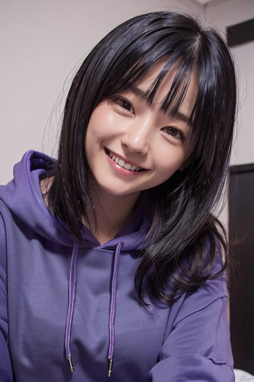 ((masterpiece, Highest quality)), (One Woman), (alone), (Focus on women), (Black Hair), (Medium Hair), (Purple hoodie), (mature), (23 years old), (Stare here), Smiling faintly, Lying in bed, Smiling with teeth showing
