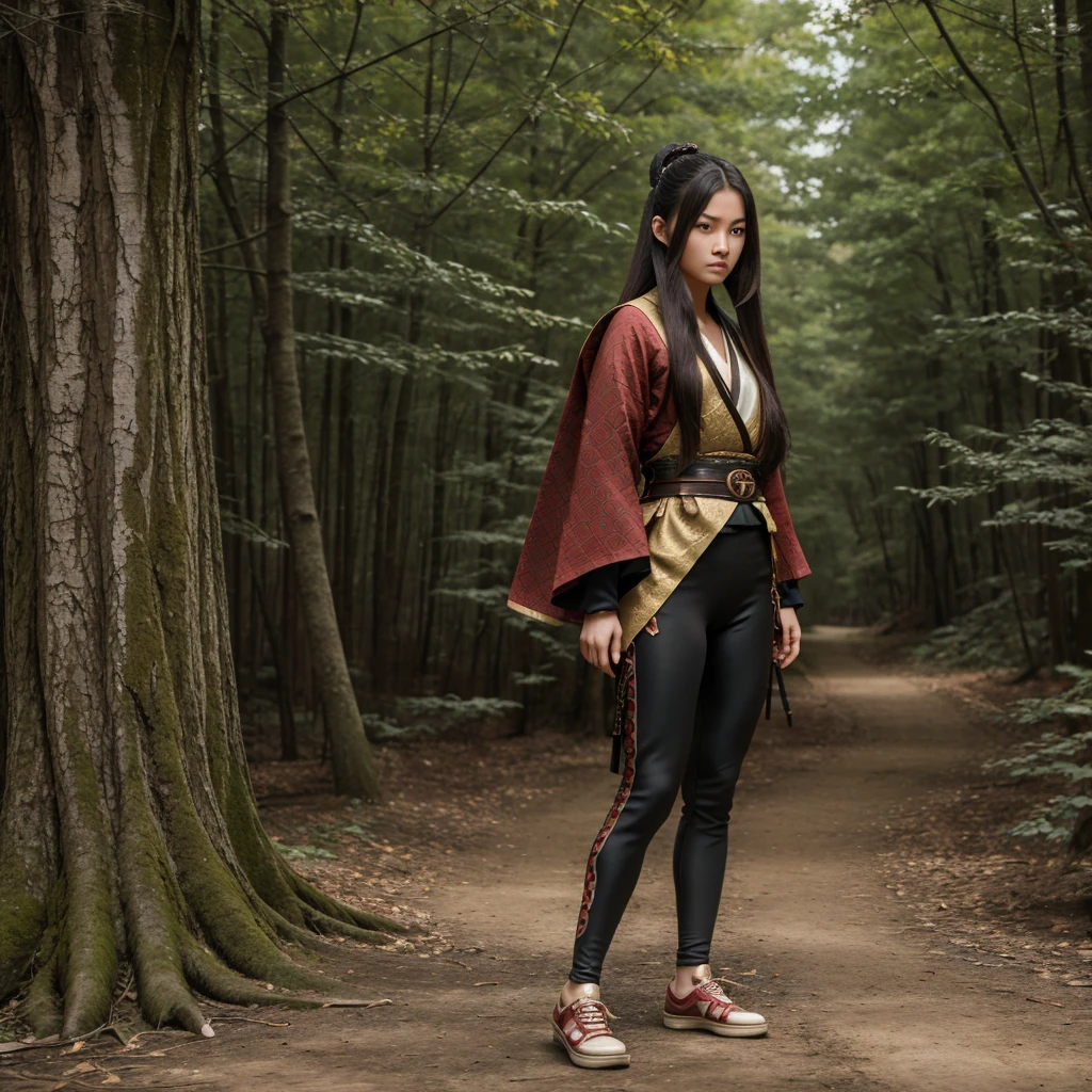 4k, realistic, very detail, there is a girl on a wood, she is a samurai, war theme, soft clothes, long hair, wearing legging, 25 years old, full body, wearing gucci shoes
