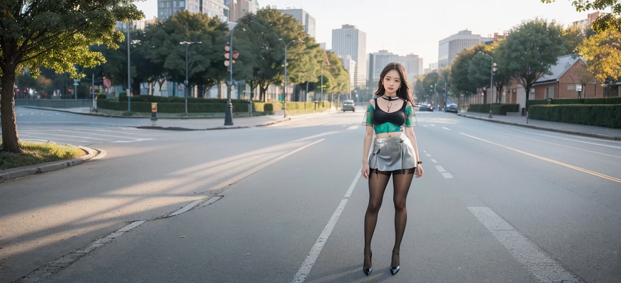 18-year-old female, baby face, RAW photo, bokeh, (realism: 1.4, realistic), high-definition CG unified 8K wallpaper, 1girl, ((slim body: 1)), (medium breasts: 2), return to the viewer, ((direct view from the front)), (HQ skin: 1.4), 8k UHD, DSLR, soft light, high quality, film grain, fujifilm XT3, ((uniform, micro mini skirt, Metal Choker, See-Through Shirt: 1.5)), ((Outdoor, in the Park))), ((Long Hair, Black Pantyhose, Medium: 1.2)), (Full Body Portrait: 1.2), (Viewers: 1.4), (Red High Heels: 1·2), (Full Body: 2)