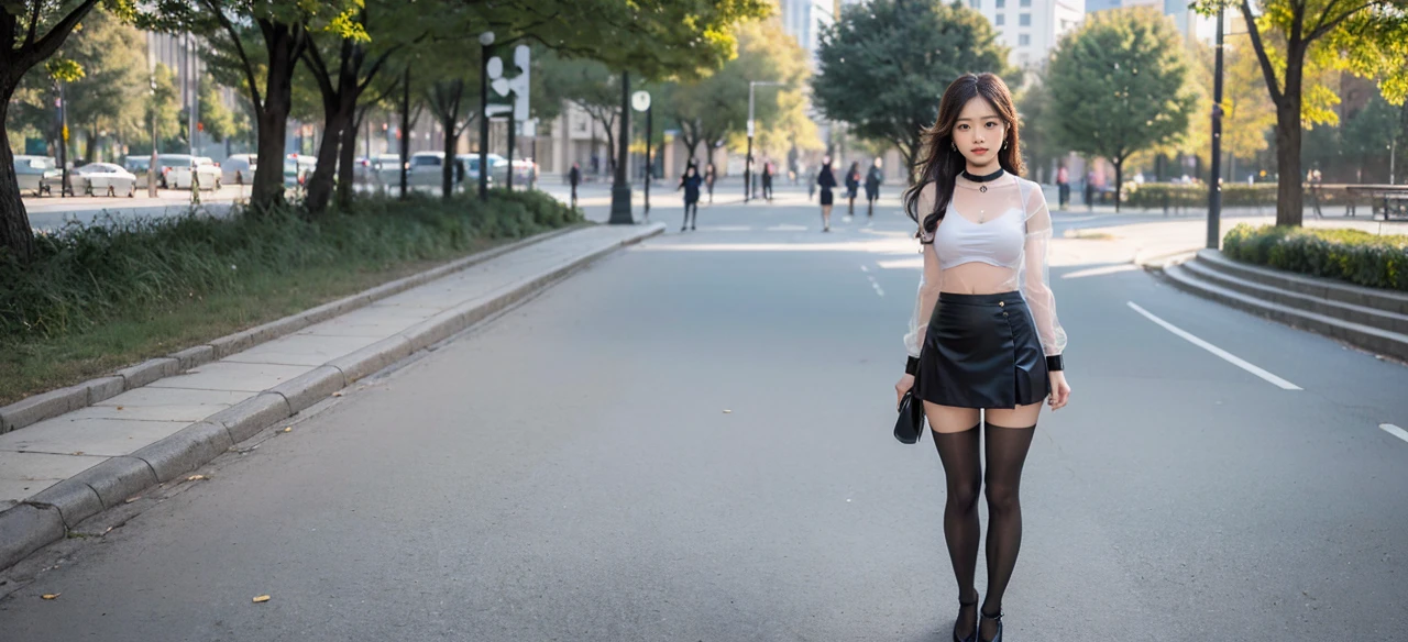 18-year-old female, , RAW photo, bokeh, (realism: 1.4, realistic), high-definition CG unified 8K wallpaper, 1girl, ((slim body: 1)), (medium breasts: 2), return to the viewer, ((direct view from the front)), (HQ skin: 1.4), 8k UHD, DSLR, soft light, high quality, film grain, fujifilm XT3, ((uniform, micro mini skirt, Metal Choker, See-Through Shirt: 1.5)), ((Outdoor, in the Park))), ((Long Hair, Black Pantyhose, Medium: 1.2)), (Full Body Portrait: 1.2), (Viewers: 1.4), (Red High Heels: 1·2), (Full Body: 2)