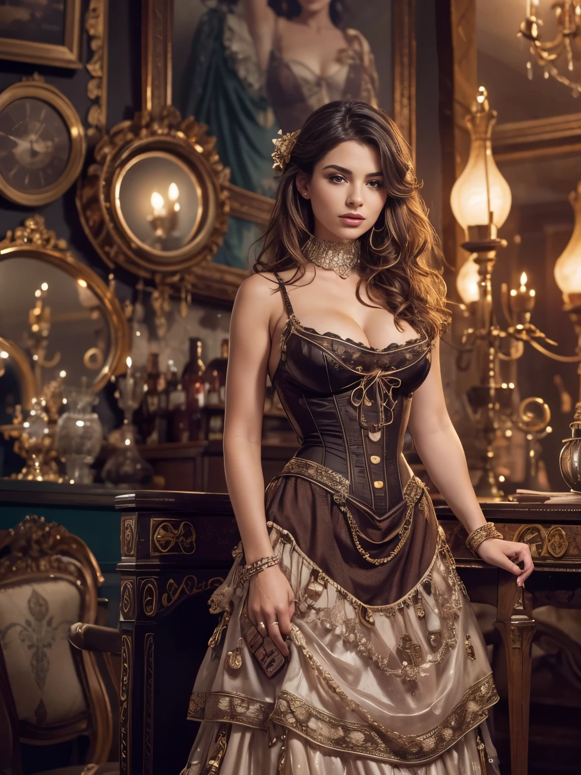 An ultra hot gorgeous European woman.age 23.wearing a wrecked Victorian party dress, surrounded by antiques, gaslights, masterpiece, best quality, 8k