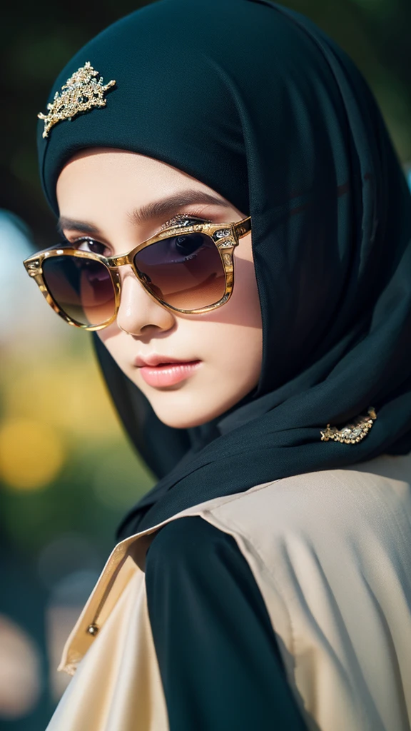(masterpiece:1.4, best quality), (intricate details), unity 8k wallpaper, ultra detailed, 1girl, hijab, sunglasses