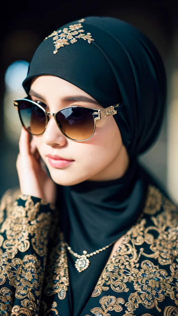 (masterpiece:1.4, best quality), (intricate details), unity 8k wallpaper, ultra detailed, 1girl, hijab, sunglasses
