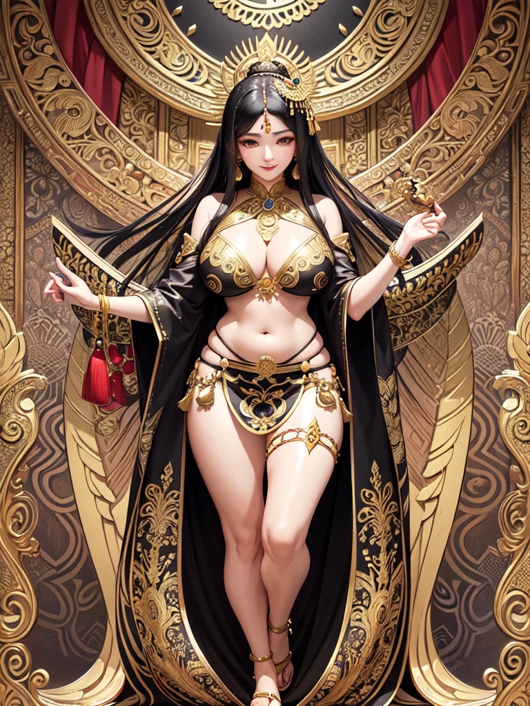 (masterpiece, top quality, best quality, official art, beautiful and aesthetic:1.2), (1girl), extreme detailed,(fractal art:1.3),colorful,highest detailed. Stunning Beauty Voluptuous Javanese Wife. Smile. Wedding ring. Black silky long hair. Wearing only batik fabrics, long batik skirt with slits, and wooden sandals. Traditional Javanese gold and jewelry accessories. Beautiful belly, beautiful waist, beautiful thighs, and beautiful legs. Full body photo, head to toes, wide angle. Background on the Javanese Temple. HD image, colorful image, very detailed anatomy, very detailed background.