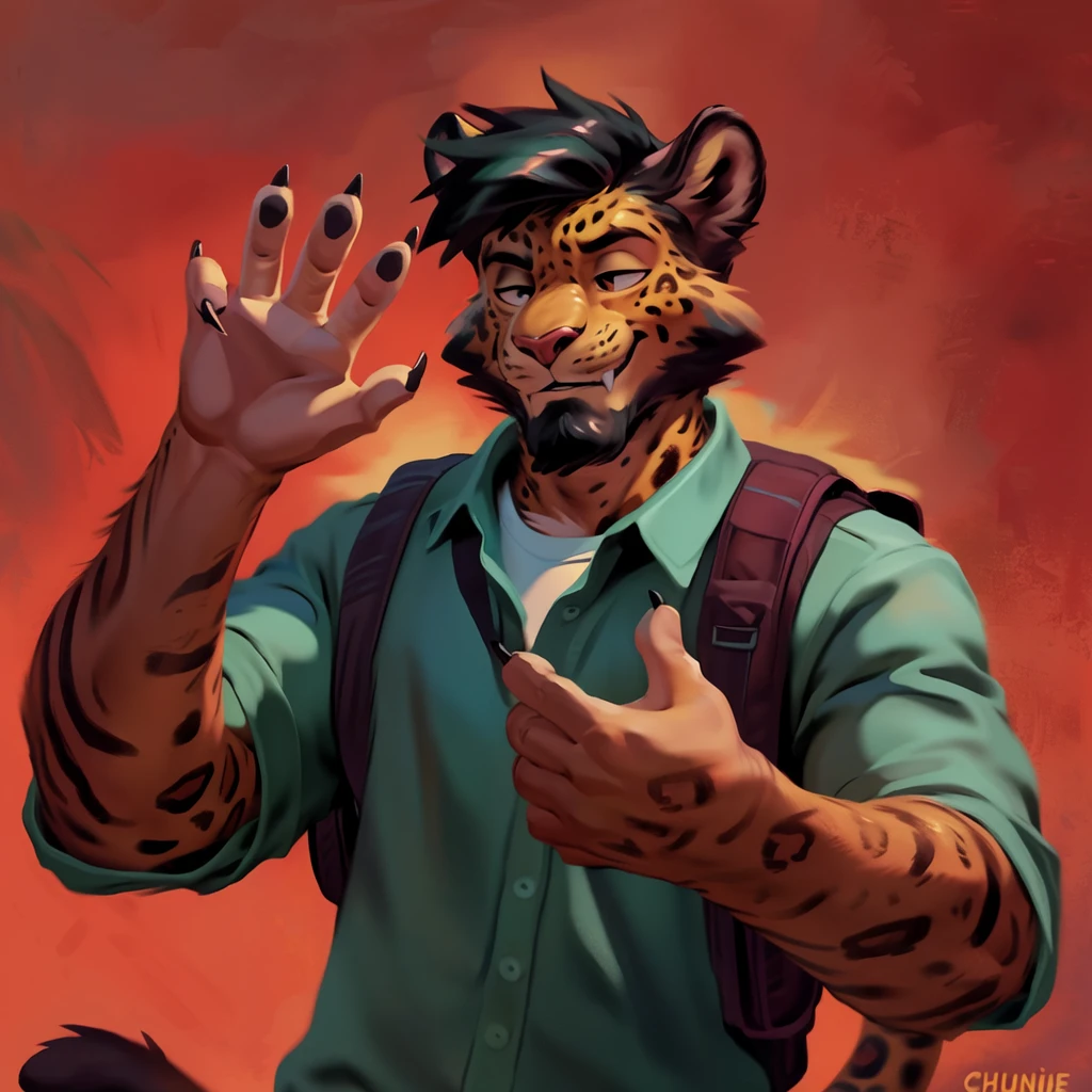 by chunie by catsudon by retros, male, felid, solo, jaguar, (black hair), facial hair, facing viewer, (((closed eyes))), retracted feline claws, (5 fingers), solid red background, green shirt, smile, (((ok gesture))), palm forward, backpack