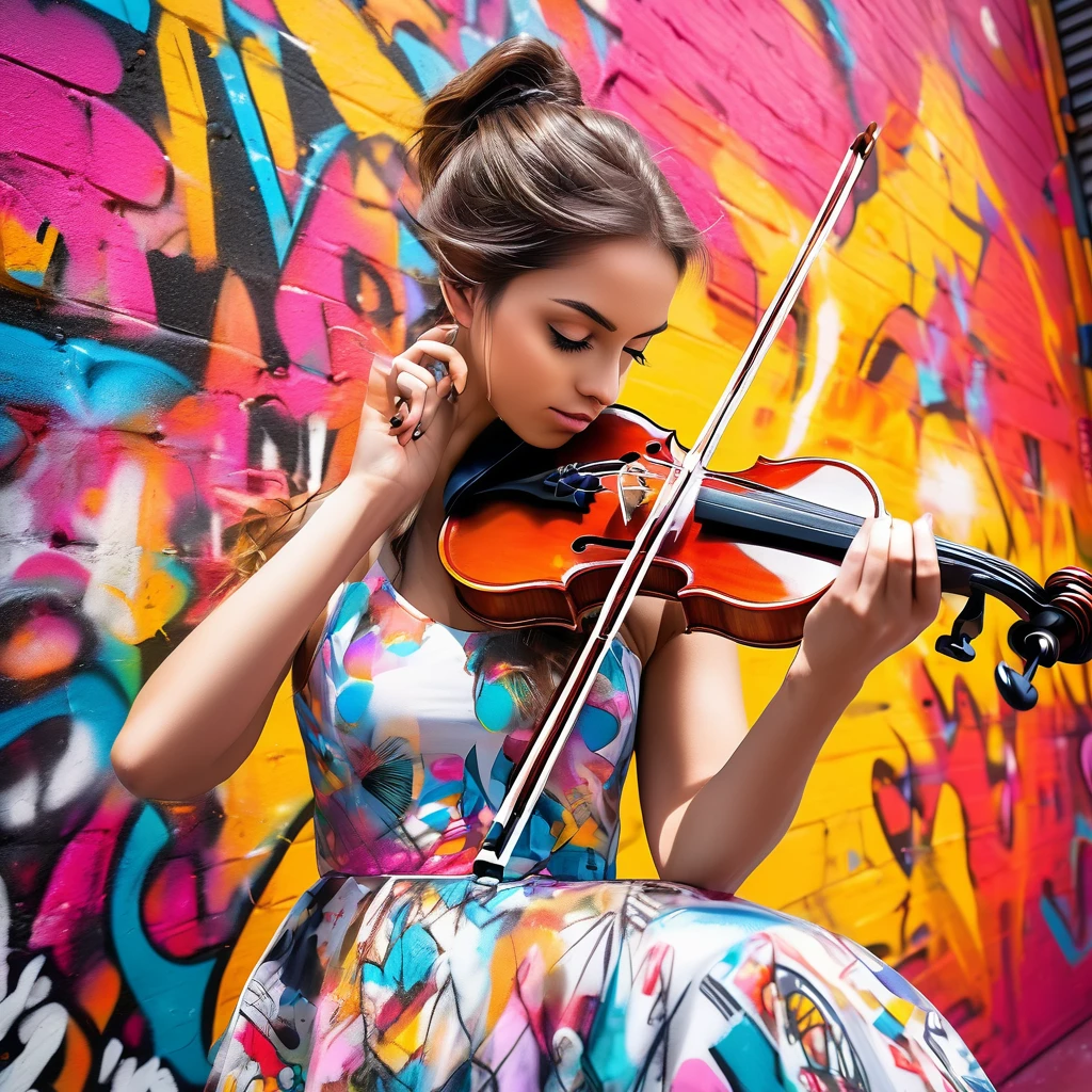 A beautiful girl playing the violin with a vibrant graffiti-covered wall in the background, creating a striking contrast between classical beauty and modern street art."