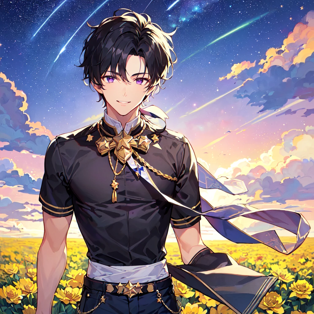 masterpiece,best quality,high quality,(1male austere handsome solo adult age 30 years old:1.5), purple eyes, cool with suspended eyes, V-shaped eyebrows, body strong and fearless 8.5 head tall, height 185cm, (well-groomed black short hair down to neck:1.4), (bangs 7 thirds parted:1.4), slender nose, facial muscles, throat, (pants with star print summer fashion:1.3), (running), (stylish pose), (fearless smile:1.3), (background southern star flower field:1.3), (starry sky:1.3), (upper body:1.3)