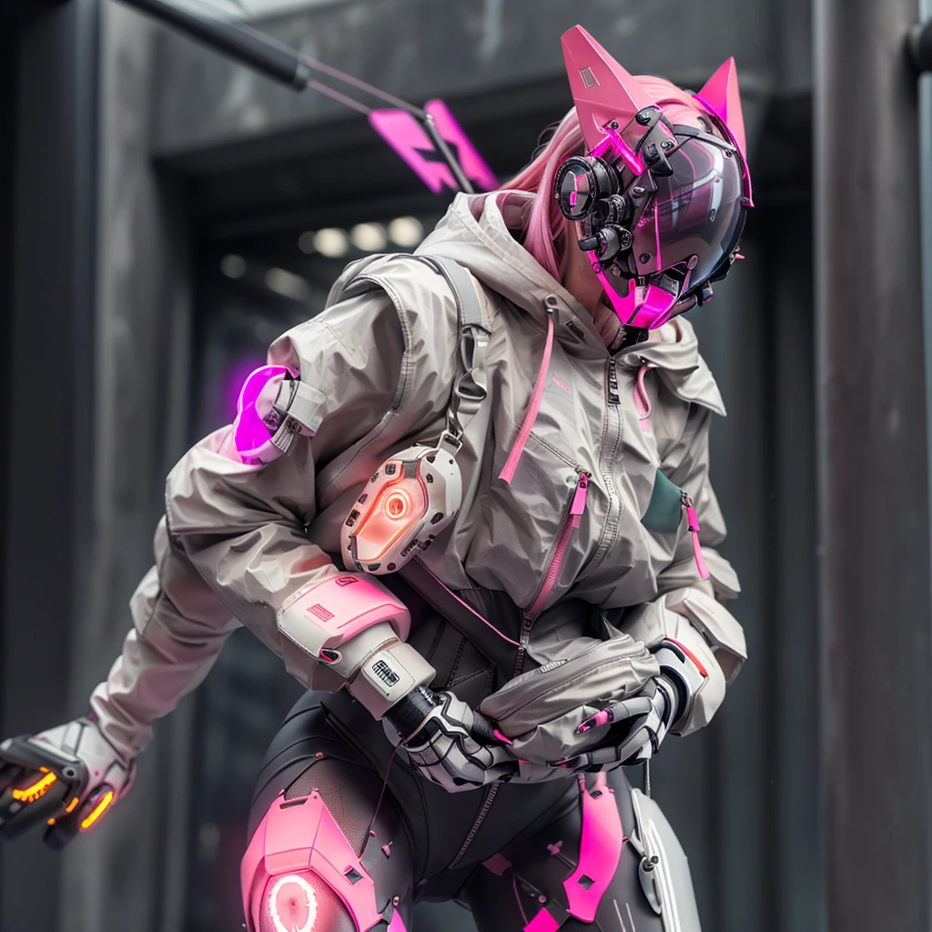1girll, helmet, Hood, Solo, White_Spacesuit, Extra-long_Hair, bangs, Jacket, The upper part of the body_Body, Pink_Hair, Blurry, Coat, Grey_Eyes, Mask, Blurry_Background, Backpack, zippers, Mouth_Mask, Covered_Mouth, Urban tech clothing, Outfit,lowerbody,Fair long legs,Unequal cyber leggings,with light glowing,zippers,Mechanical booties,Full body shot from head to hips, ((close up))。
