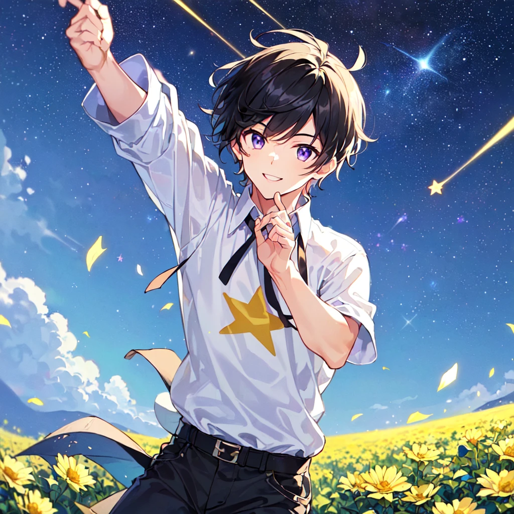 masterpiece,best quality,high quality,(1male austere handsome solo adult age 30 years old:1.5), purple eyes, cool with suspended eyes, V-shaped eyebrows, body strong and fearless 8.5 head tall, height 185cm, (well-groomed black short hair down to neck:1.4), (bangs 7 thirds parted:1.4), slender nose, facial muscles, throat, (pants with star print summer fashion:1.3), (running), (stylish pose), (fearless smile:1.3), (background southern star flower field:1.3), (starry sky:1.3), (upper body:1.3)