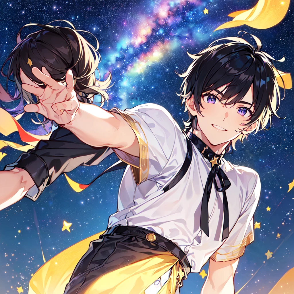 masterpiece,best quality,high quality,(1male austere handsome solo adult age 30 years old:1.5), purple eyes, cool with suspended eyes, V-shaped eyebrows, body strong and fearless 8.5 head tall, height 185cm, (well-groomed black short hair down to neck:1.4), (bangs 7 thirds parted:1.4), slender nose, facial muscles, throat, (pants with star print summer fashion:1.3), (running), (stylish pose), (fearless smile:1.3), (background southern star flower field:1.3), (starry sky:1.3), (upper body:1.3)