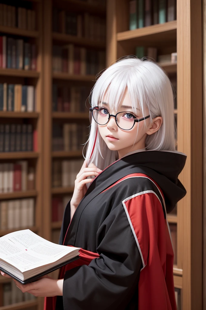 young boy, mature face, serious look, star mark below the right eye, red eyes with a star as a pupil, platinum white hair with black upper strands and red lower strands shoulder length and a little messy at the top, fair skin, wears black glasses, red coat over black kimono, scenery of a magical library,hands busy with a book in pose, Detailed anime art style.