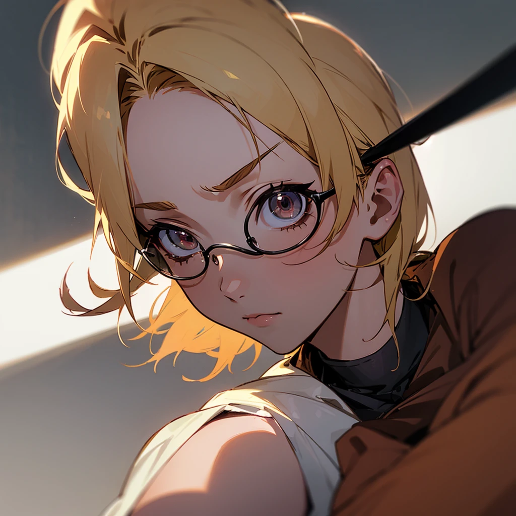 Chico/hombre que mide 1,56. Tiene lentes redondos, Brown eyes and blond hair whores, su color natural es negro, more feminine facial features, ocupa uniforme de Shingeki no kyojin