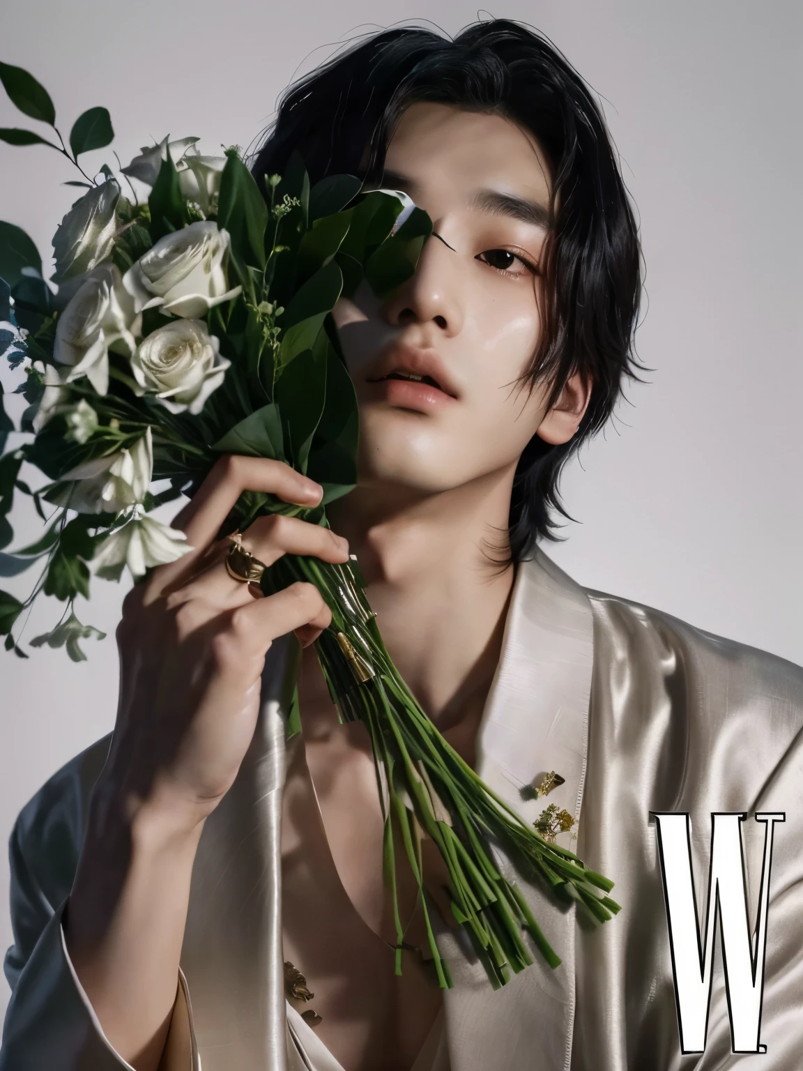 there is a man holding a bunch of flowers in her hands, wonbin lee, with flowers, siwoo kim, xision wu, cai xukun, twen magazine, inspired by Wang E, jinyoung shin, woo kim, dent wu, w sieci, pick wu, official valentino editorial, inspired by Wu Bin, seseon yoon