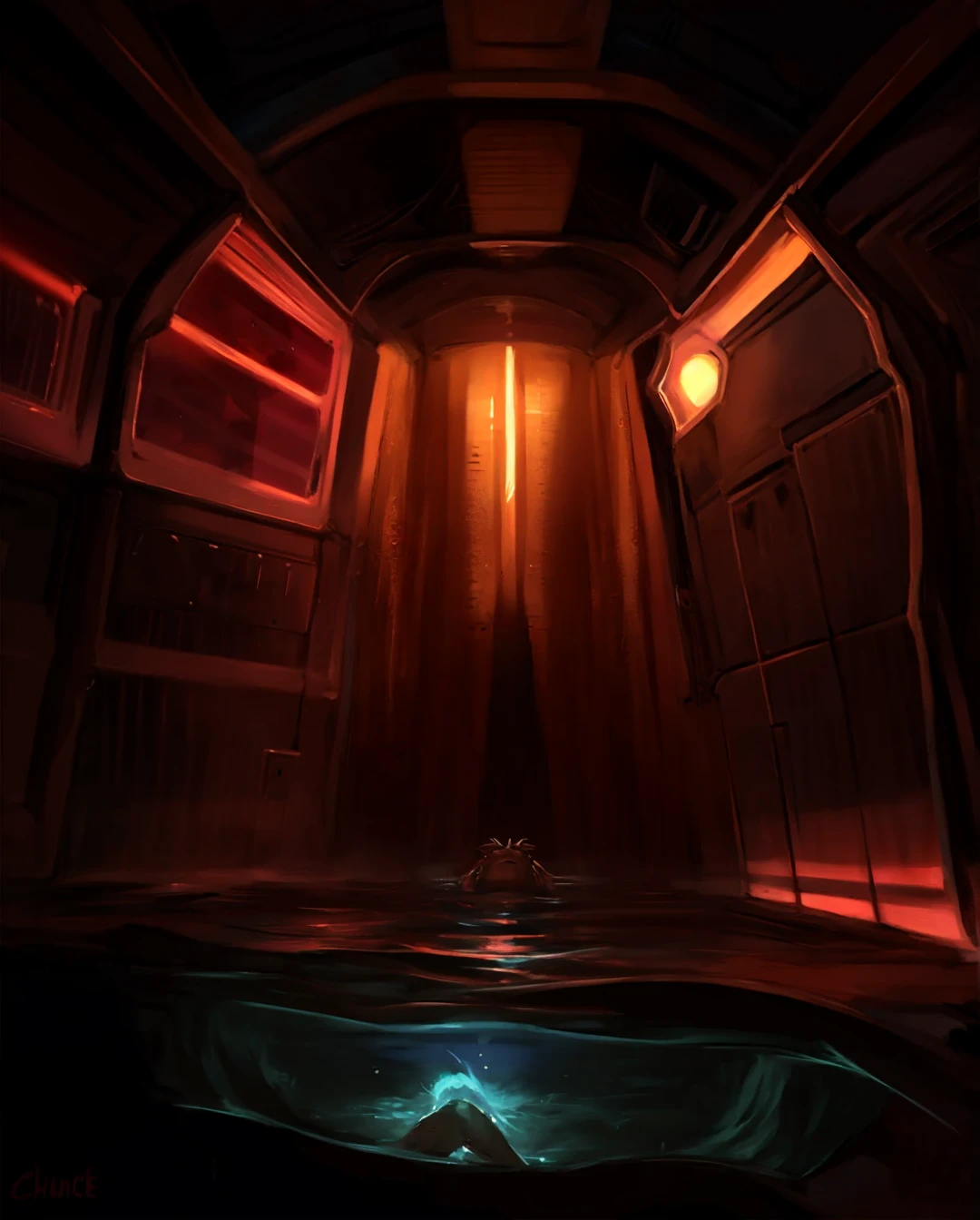Anthro dragon wearing orange jumpsuit in submarine, rusted metal, no windows, small submarine, tight space, old fashioned submarine, deep ocean, blood ocean, red water, exhausted expression, vhs effect, detailed, realistic, by zackary911, by chunie, serious expression, high quality, highest quality, red metal, copper, steampunk, horror, dark red lighting, dark lighting, no sunlight, solo, one view, standing, angular submarine, old technology, small submarine, claustrophobic