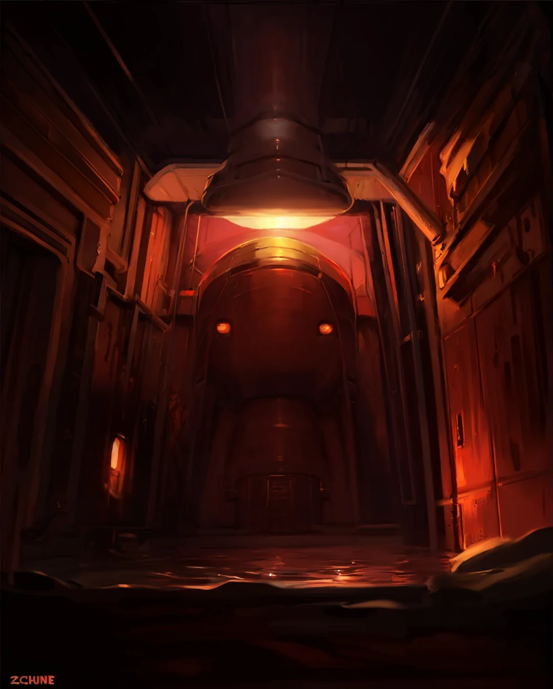 Anthro dragon wearing orange jumpsuit in submarine, rusted metal, no windows, small submarine, tight space, old fashioned submarine, deep ocean, blood ocean, red water, exhausted expression, vhs effect, detailed, realistic, by zackary911, by chunie, serious expression, high quality, highest quality, red metal, copper, steampunk, horror, dark red lighting, dark lighting, no sunlight, solo, one view, standing, angular submarine, old technology, small submarine, claustrophobic