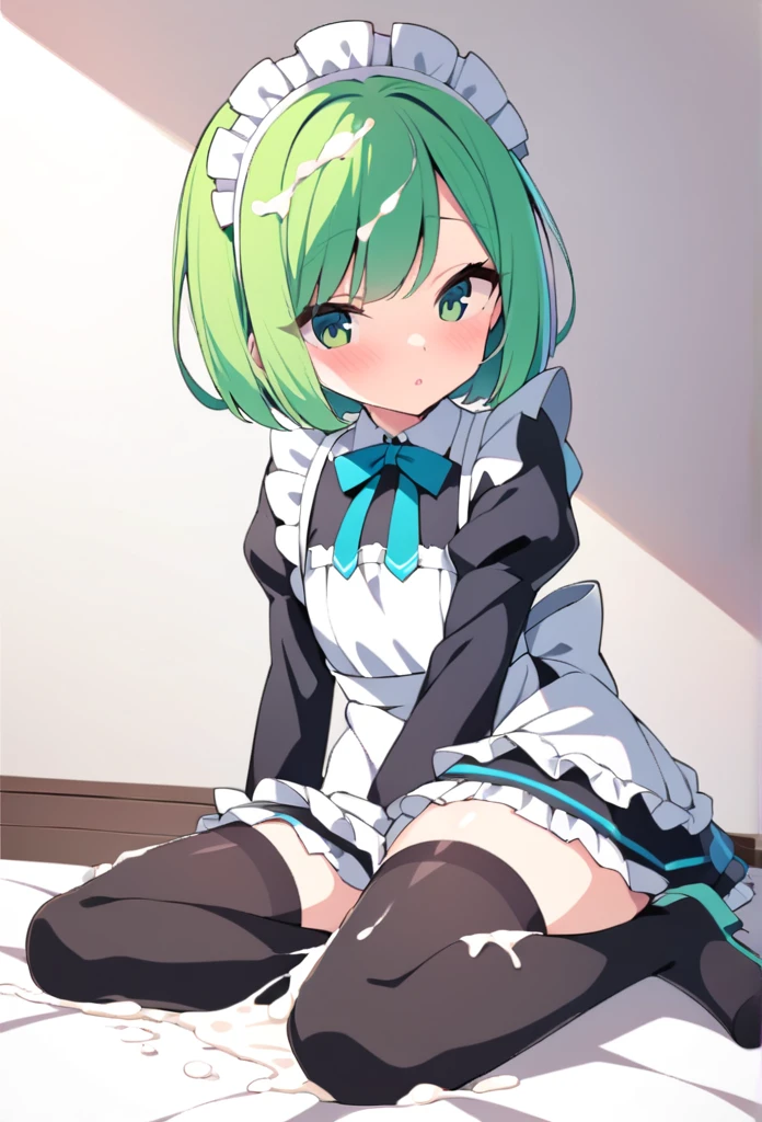 1 girl, cute, young, green hair, bob haircut, green eyes, maid, thigh high, {{{{{{{{excessive cum}}}}}}}}, bukkake,