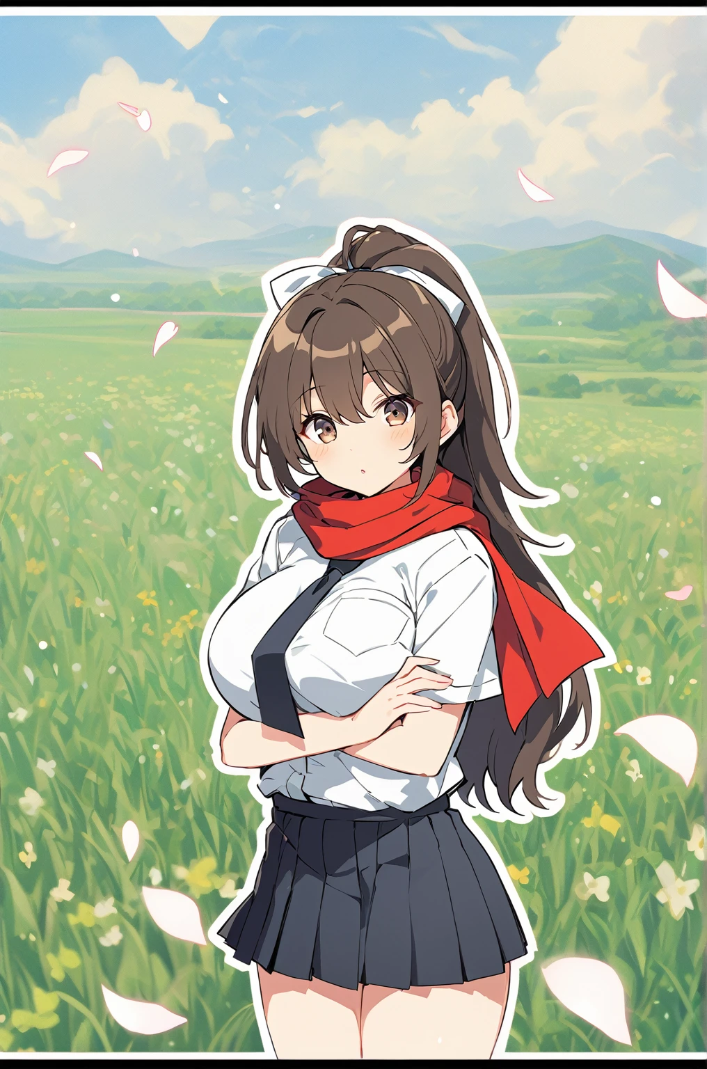 anime artwork score_9, score_8_up, score_7_up, score_6_up, score_5_up, score_4_up, source_anime, BREAK, thick outline, fat outline,
Asuka_XL, brown eyes, brown hair, ponytail, white ribbon, red scarf, large breasts, BREAK, asuka_school_clothes, skirt, white shirt, pleated skirt, necktie, short sleeves, BREAK, crossed hands, field, flowers, flying petals,
