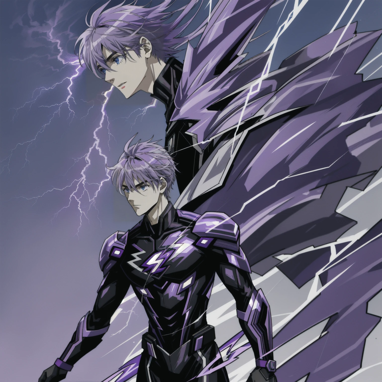 8k anime, ultra-high quality, perfectres, super hero, 25 year old boy, purple and black lightning suit, purple lightning powers, messy silver hair, purple eyes, light skintone, mature, mature facial features, dark city background, purple lightning sword, comic artstyle