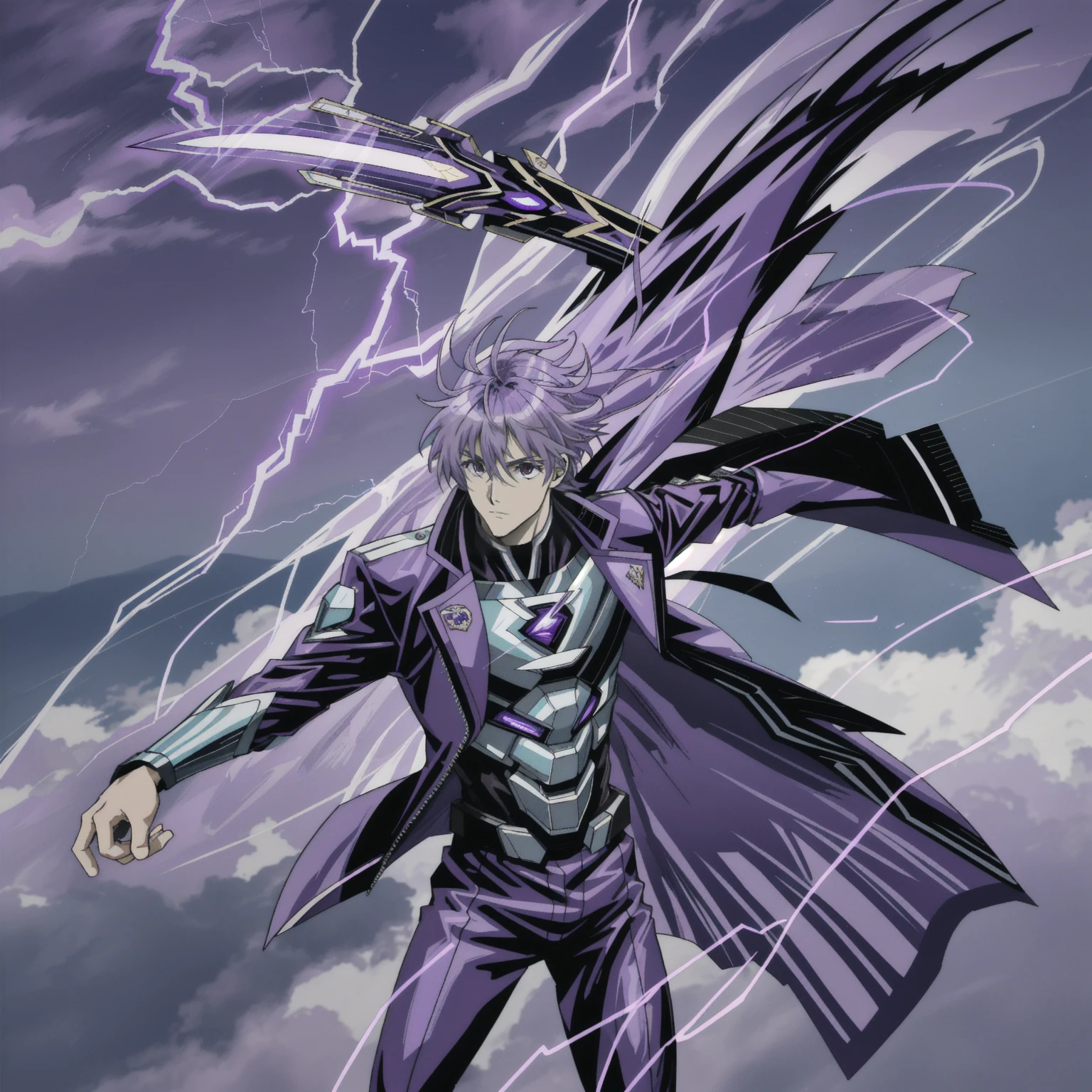 8k anime, ultra-high quality, perfectres, super hero, 25 year old boy, purple and black lightning suit, purple lightning powers, messy silver hair, purple eyes, light skintone, mature, mature facial features, dark city background, purple lightning sword, comic artstyle