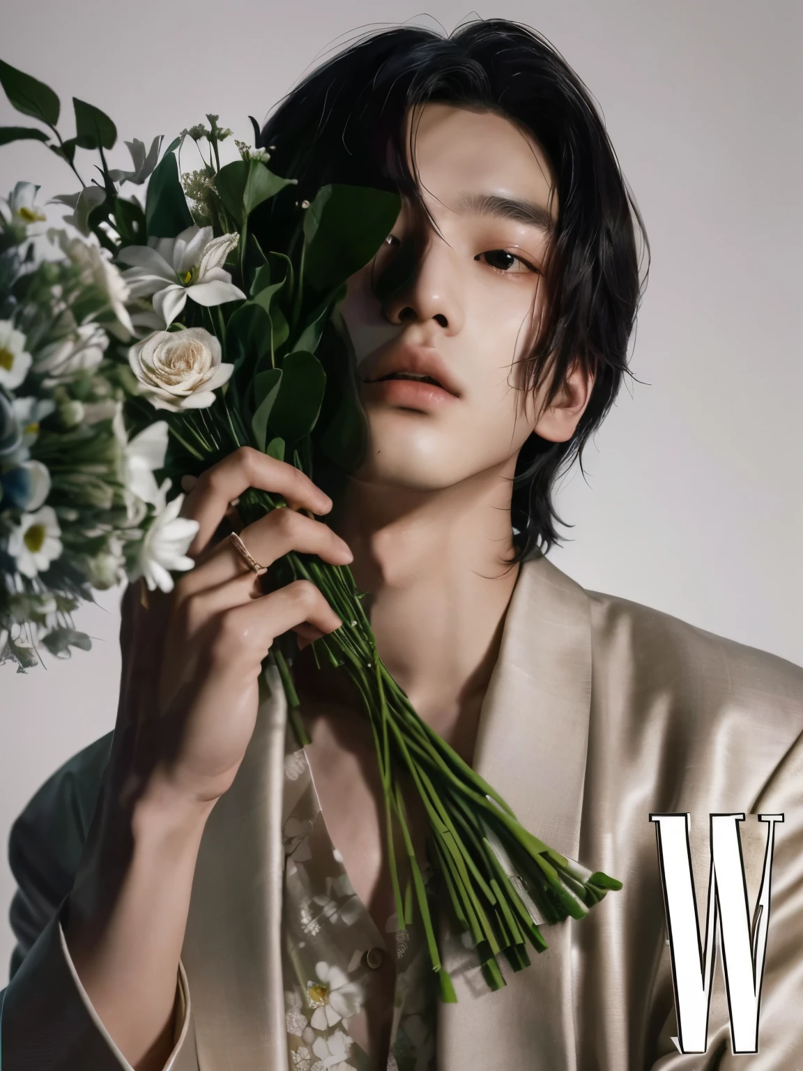 there is a man holding a bunch of flowers in her hands, wonbin lee, with flowers, siwoo kim, xision wu, cai xukun, twen magazine, inspired by Wang E, jinyoung shin, woo kim, dent wu, w sieci, pick wu, official valentino editorial, inspired by Wu Bin, seseon yoon