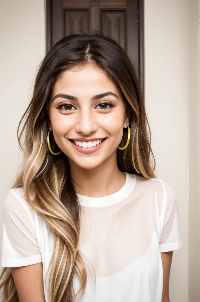 24YO, small nose, one attractive Jordanian women, light neon shirt, cute smile, cute face, white teethes, skinny face, light brown eyes, black/blonde long hair