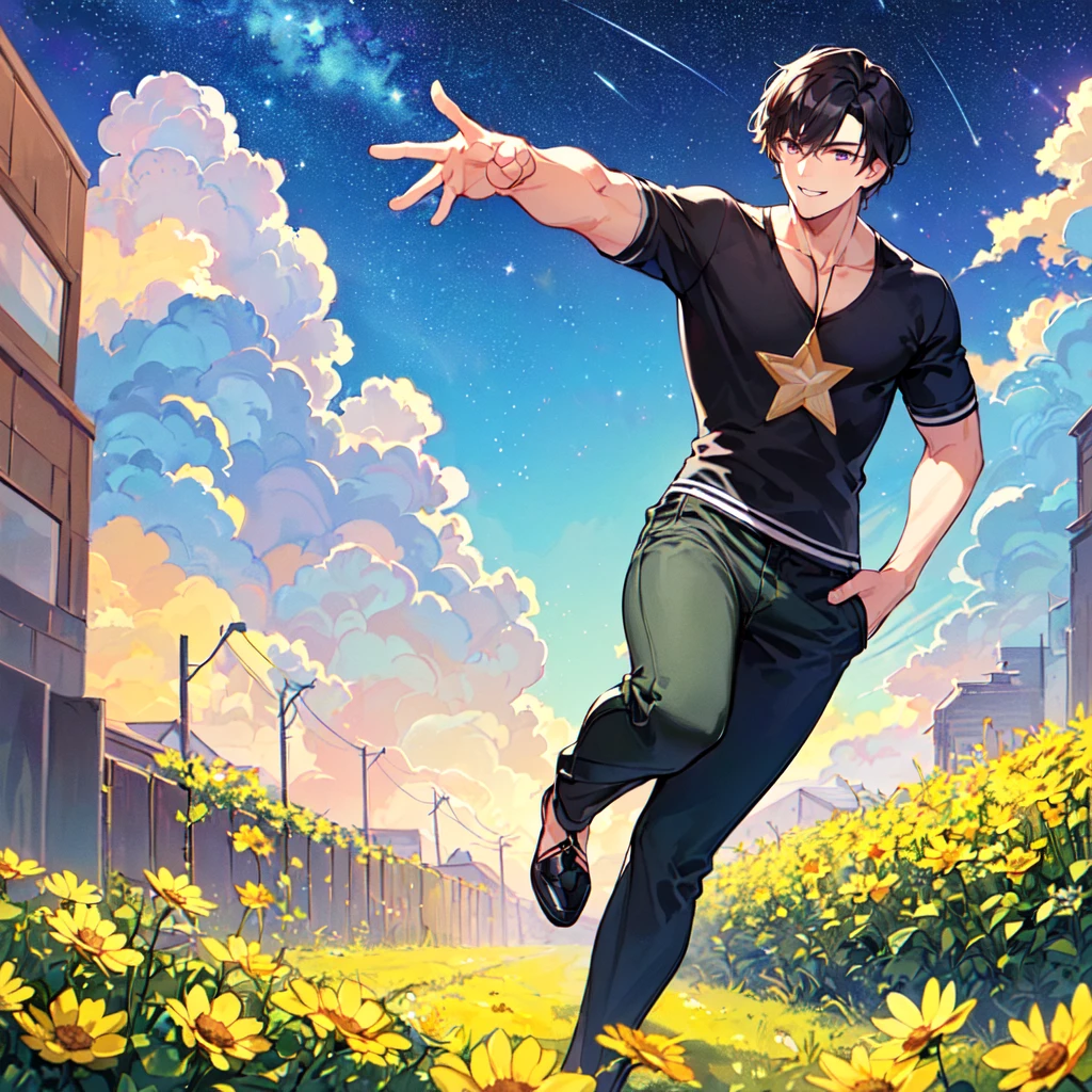 masterpiece,best quality,high quality,(1male austere handsome solo adult age 30 years old:1.5), purple eyes, cool with suspended eyes, V-shaped eyebrows, body strong and fearless 8.5 head tall, height 185cm, (well-groomed black short hair down to neck:1.4), (bangs 7 thirds parted:1.4), slender nose, facial muscles, throat, (pants with star print summer fashion:1.3), (running), (stylish pose), (fearless smile:1.3), (background southern star flower field:1.3), (starry sky:1.3)