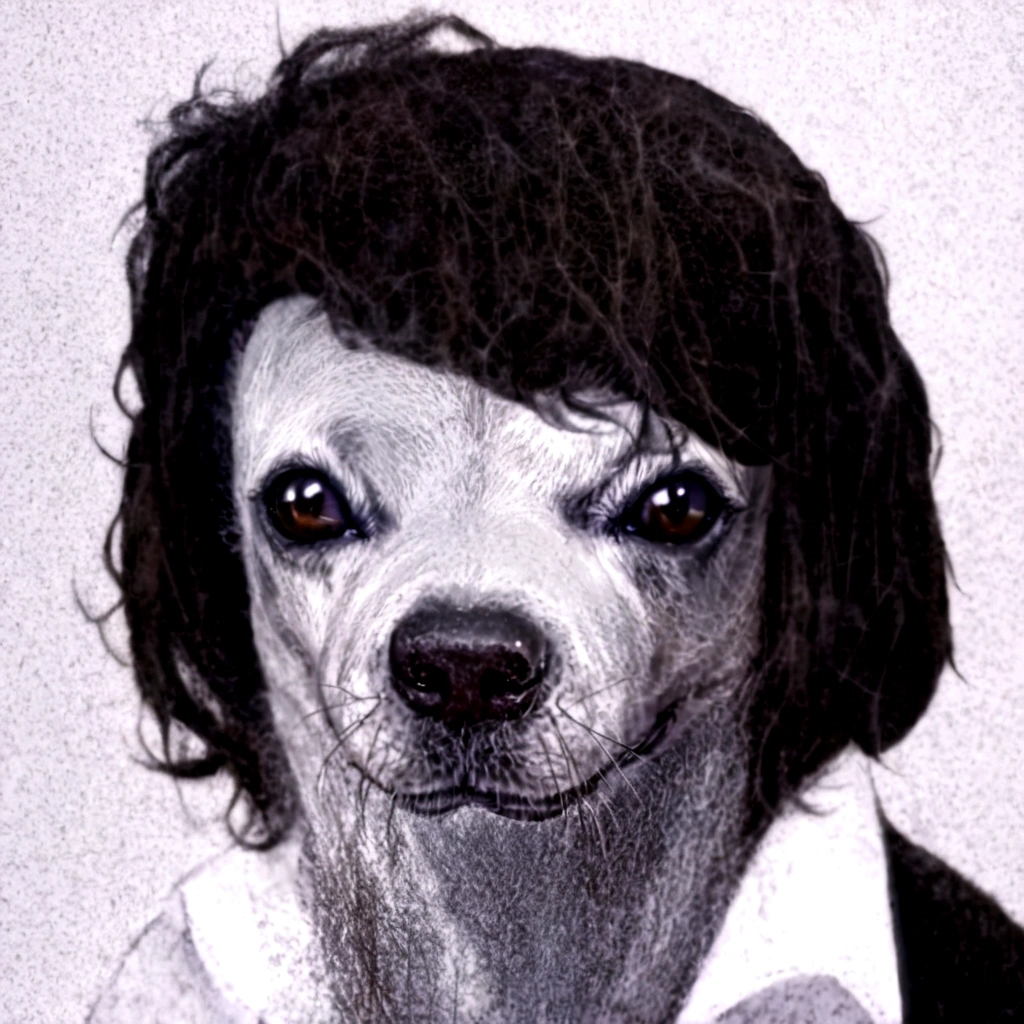 arafed dog with a black collar and a white shirt, morphing dog head, anthropomorphic dog, hideous appearance, alice cooper as a goat, god had dog chihuahua's head, petscop, dog head, he has no nose, cat dog hybrid, he has an elongated head shape, omg, human-animal hybrid, cursed images, graphic design