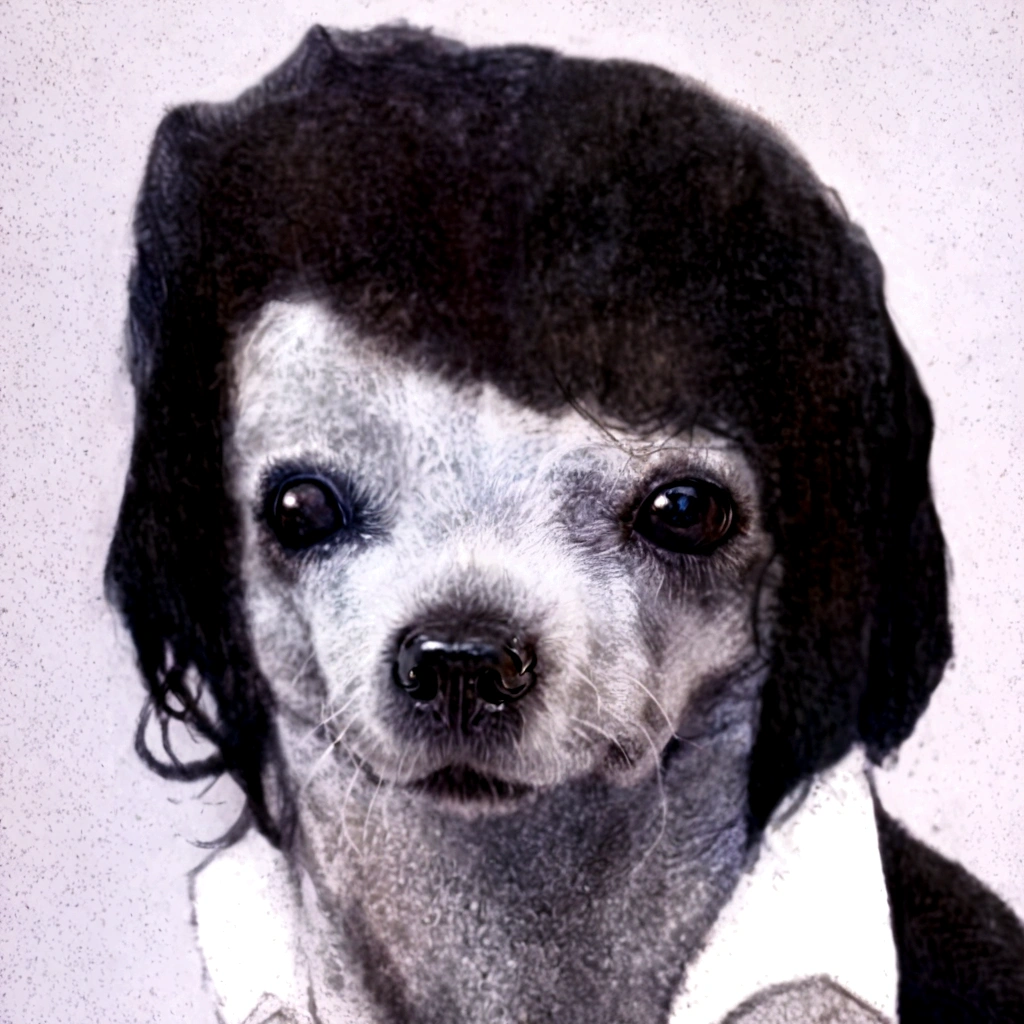 arafed dog with a black collar and a white shirt, morphing dog head, anthropomorphic dog, hideous appearance, alice cooper as a goat, god had dog chihuahua's head, petscop, dog head, he has no nose, cat dog hybrid, he has an elongated head shape, omg, human-animal hybrid, cursed images, graphic design