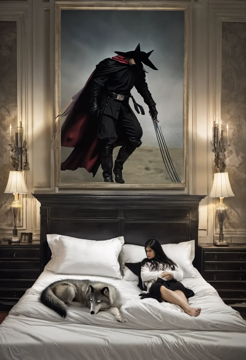 Un humano con rasgos de zorro blanco, en la cama acostado con su pareja un humano con rasgos de lobo
Acostados en una habitacion abrazados desde una perspectiva del techo hacia ellos