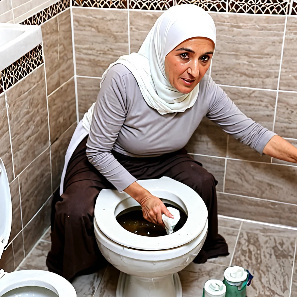 Kurdish mature older Woman in hijab cleaning the toilet in bathroom housekeeping sitting at fours view from side back top dirty toilet 